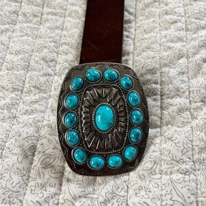 Turquoise and Silver Belt Buckle with Brown Leather Strap